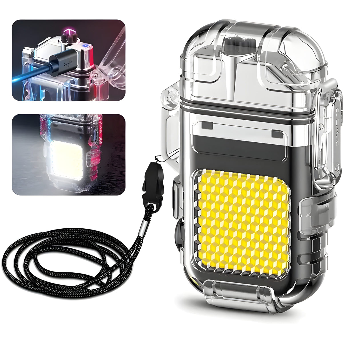 Transparent Bright Cob Led Flashlight With Dual Arc Plasma Beam Electric Lighter